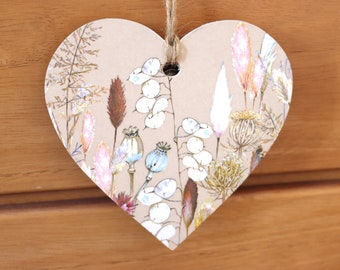 Wooden Hanging Heart Decoration, Heart Decoration, Wild flowers,  Wild flower Décor, Wooden Heart Plaque, Wall Art