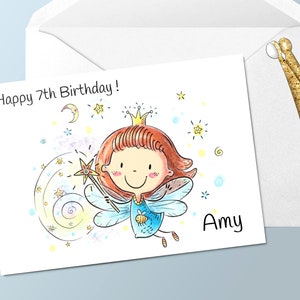 Personalisierte Hand gedruckt Geburtstagskarte, süße Fee, Geburtstagskarte für Mädchen, weibliche Grußkarte, kleine Prinzessin