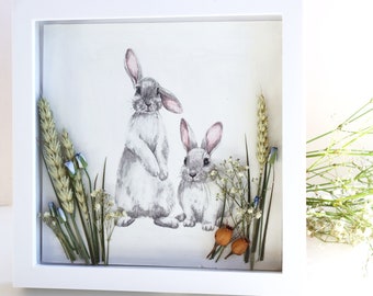 Framed Picture of Rabbits with dried flowers, Mixed media in frame, Rabbit Print, Nursery Wall Art, Nature and wildlife