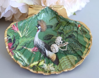 Scallop Shell Trinket Dish, Ring Dish, Jewellery Tray, Gold Shell Dish with a Tropical Bird Design, Gift for her