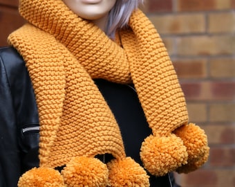 Mustard Yellow Chunky Scarf, Pom Pom Scarf, Womens Hand knit Scarf, Gift for Her, Wool Scarf, Merino Wool, Gold Scarf