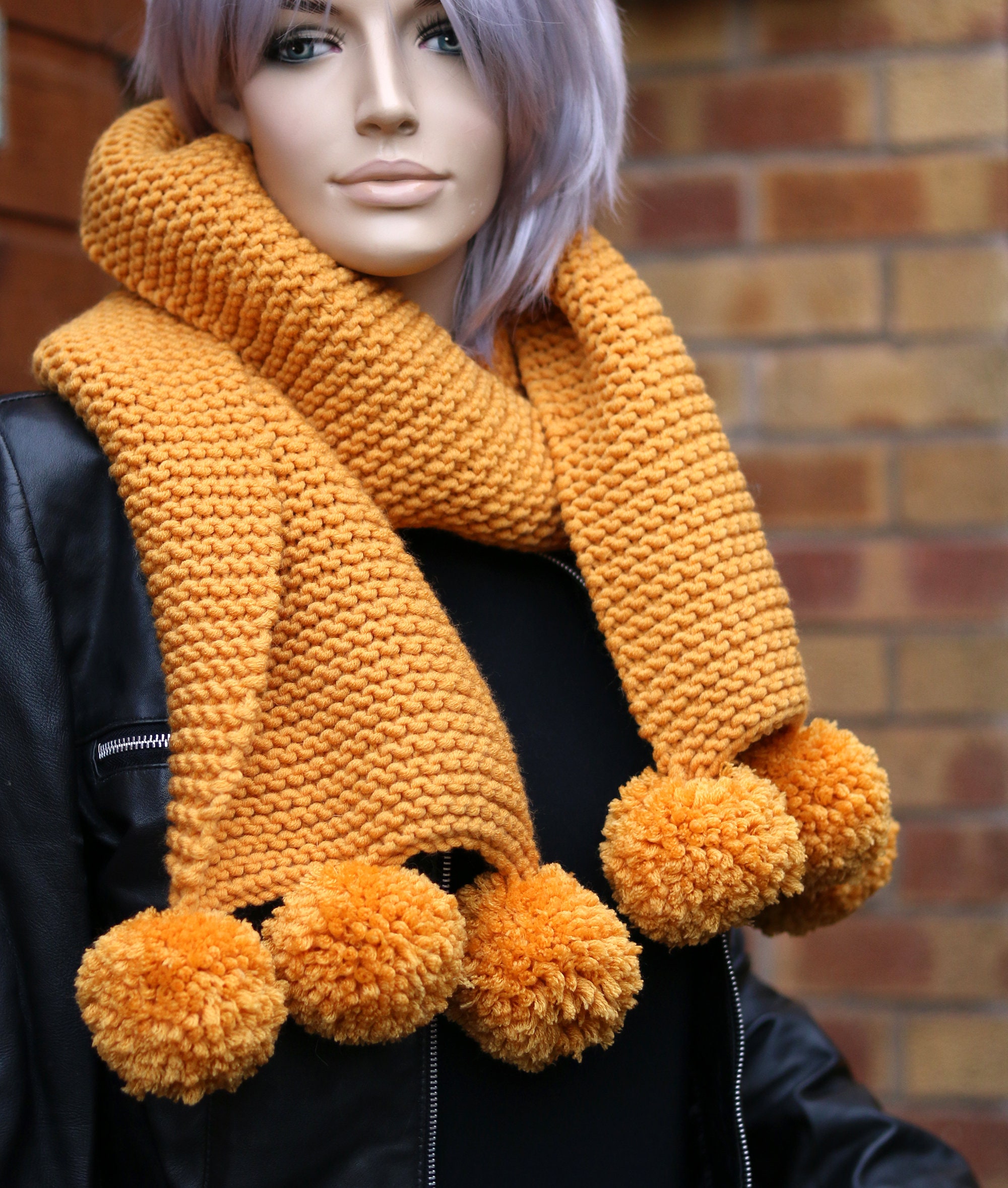Mustard Yellow Chunky Scarf, Pom Pom Scarf, Womens Hand Knit Scarf