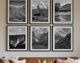 Elegant US National Parks Black and White Wall Art Set of 6 – Yellowstone, Yosemite, Zion, Grand Canyon, Tetons, Rocky Mountain Prints