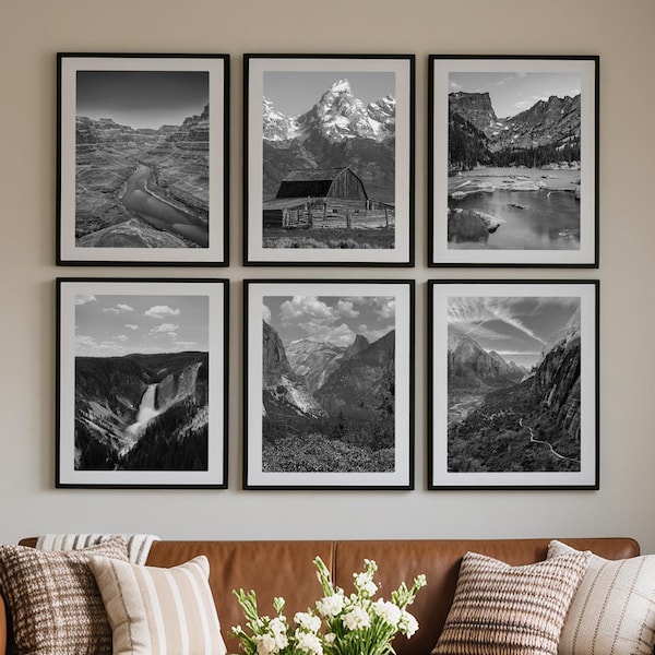 Elegant US National Parks Black and White Wall Art Set of 6 – Yellowstone, Yosemite, Zion, Grand Canyon, Tetons, Rocky Mountain Prints