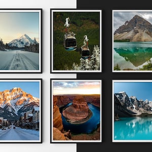 Op de afbeelding: Zes ingelijste landschapsfoto's. De afbeeldingen tonen besneeuwde bergen, een kabelbaan over een bos, een berg weerspiegeld in een meer, een met sneeuw bedekte straat met gebouwen, een kloof met een rivier en een turquoise meer met bergen.