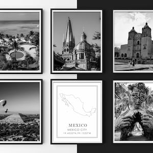 Puede incluir: Seis fotografías en blanco y negro enmarcadas de lugares emblemáticos de México. Las imágenes incluyen un resort con piscina, una catedral, una iglesia, globos aerostáticos sobre una pirámide, un mapa de México con coordenadas y una estatua.