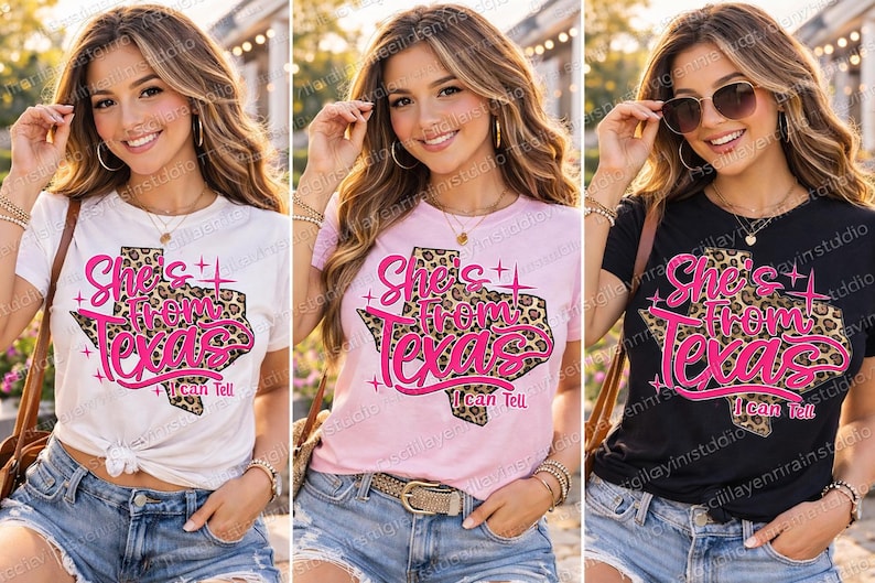 May include: White, pink, and black t-shirts featuring the text "She's From Texas I can Tell" in pink script and a leopard print Texas outline. The shirts are paired with denim shorts.
