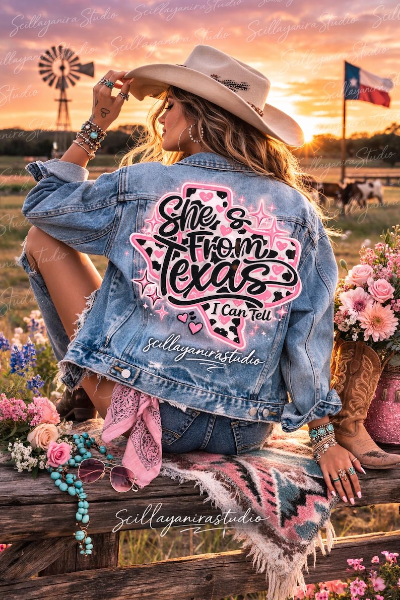 K&ouml;nnte beinhalten: Hellblau gewaschene Jeansjacke mit einem Grafikaufdruck auf dem R&uuml;cken mit der Aufschrift "She's From Texas I Can Tell" in Schwarz und Pink. Die Jacke wird mit Jeansshorts und einem Cowboyhut getragen. Der Hintergrund zeigt einen Sonnenuntergang, eine Windm&uuml;hle und eine Texas-Flagge.
