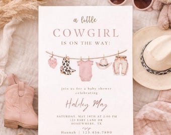 Faire-part de baby shower fille cow-girl, thème western rose, modèle de toile éditable (téléchargement numérique)