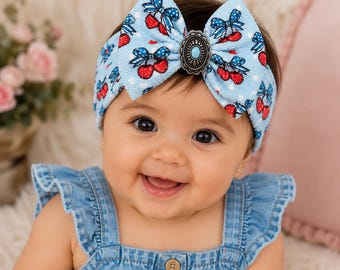 Cherry Baby Headwrap | Baby Girl Bow Headband | Bullet Fabric Head Wrap | Turquoise Concho Bow | Baby Shower Gift | Infant Toddler Headband