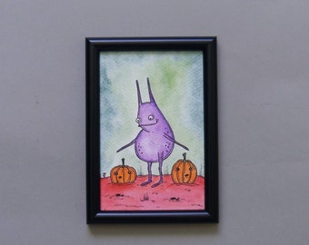 Original watercolor drawing, monster illustration, creepy cute, spooky wall art, pumpkin drawing, cottagecore decor, monster wall art OOAK