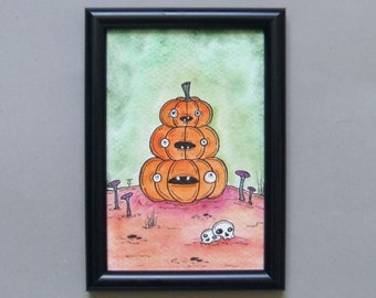 Original watercolor pumpkin drawing, pumpkin totem illustration, creepy cute wall art, pumpkin drawing, cottagecore decor, pumpkin decor