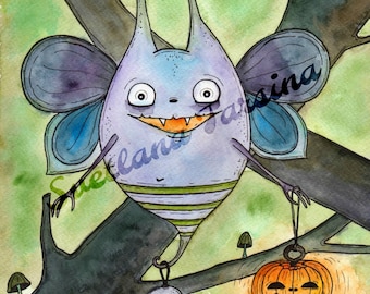 Original Watercolor Painting - Spooky Halloween Painting - Funny Bat Monster Drawing - Watercolor Illustration - Original Wall Decor - OOAK