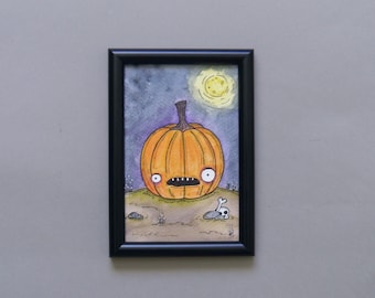 Original watercolor pumpkin drawing, tiny pumpkin illustration, creepy cute wall art, pumpkin drawing, cottagecore decor, pumpkin decor OOAK