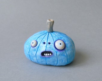 Polymer clay pumpkin sculpture, spooky Halloween pumpkin, ghost pumpkin, blue pumpkin decor, creepy cute, dark cottagecore decor OOAK