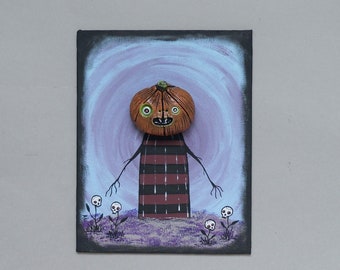 Mixed media painting, Halloween pumpkin decor, polymer clay on canvas, 3D wall art, pumpkin painting, acrylic painting, spooky pumpkin decor