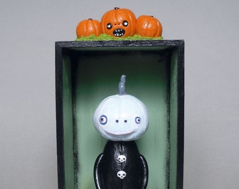 Pumpkin ghost figurine, spooky pumpkin sculpture, Halloween ghost decor, creepy cute, pumpkin art doll, mixed media shadow box,  ghost decor