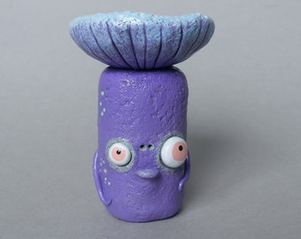 Polymer clay mushroom figurine, purple mushroom, mushroom monster, clay mushroom sculpture, mushroom decor, grumpy mushroom, creepy cute