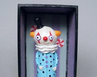 Clown figurine, circus clown sculpture, spooky clown, sad clown art doll, Halloween shadow box, creepy cute, dark fantasy decor, clay clown