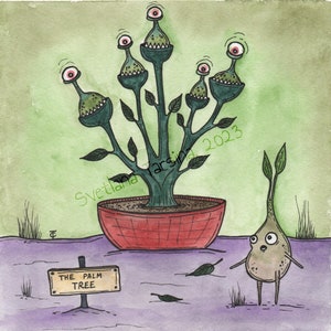 Vleesetende planttekening, plantillustratie, monstertekening, griezelig schattig, cottagecore-decor, originele aquarel, spookachtige plantdecor OOAK