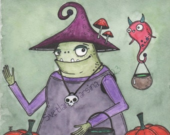 Original Watercolor Witch Painting - Spooky Witch Drawing - Funny Witch Portrait - Witch Illustration - Halloween Witch Wall Decor - OOAK