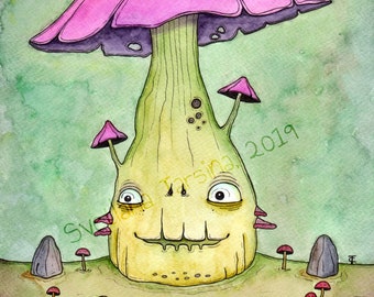 Mushroom illustration, mushroom drawing, mushroom wall art, fantasy mushroom decor, cottagecore decor, watercolour mushroom, creepy cute