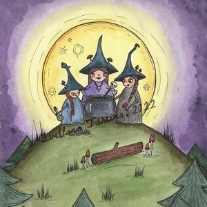Originele aquarel illustratie, heks tekening, heks schilderij, heks coven, spookachtige decor, griezelig schattig, heks keuken, heks home decor