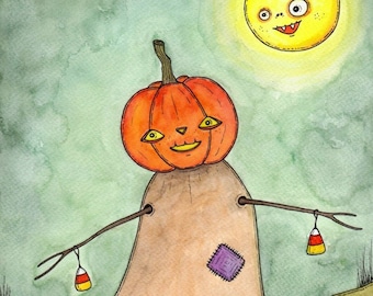 Original Watercolor Painting - Spooky Halloween Painting - Funny Pumpkin Drawing - Watercolor Illustration - Original Wall Decor - OOAK