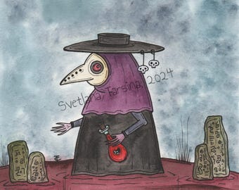 ペスト医師の水彩画、不気味なハロウィーンアート、オリジナルイラスト