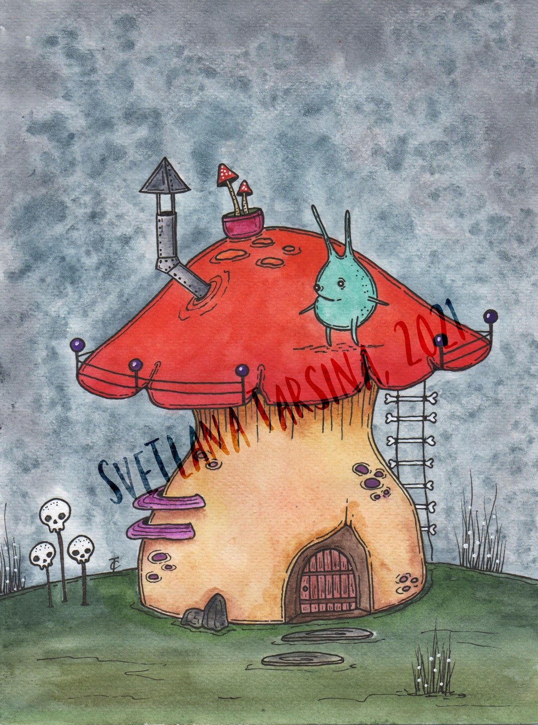 Mushroom House, Mushroom Drawing, Original Watercolour Illustration ...