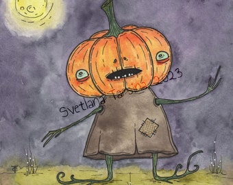 Original Sleepwalking Pumpkin Watercolor Painting, Halloween Wall Decor