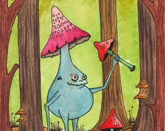 Original Watercolor Drawing - Mushroom Illustration - Fantasy Forest Drawing - Cute Mushroom Decor - Watercolor Mushroom Drawing - OOAK