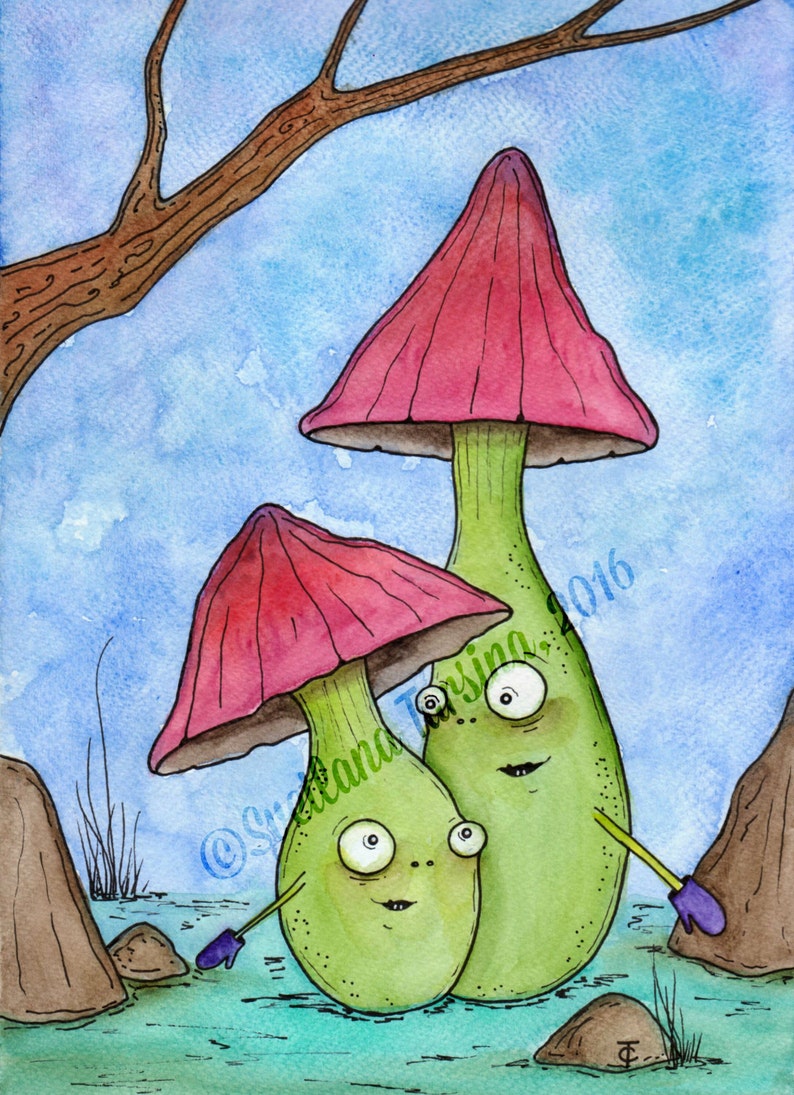 Mushroom Watercolor Painting Fantasy Mushroom Drawing Etsy