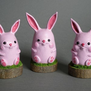 Pink bunny figurine, rose rabbit, funny hare, cute animal, kawaii bunny sculpture, polymer clay rabbit, forest critter fantasy art doll OOAK