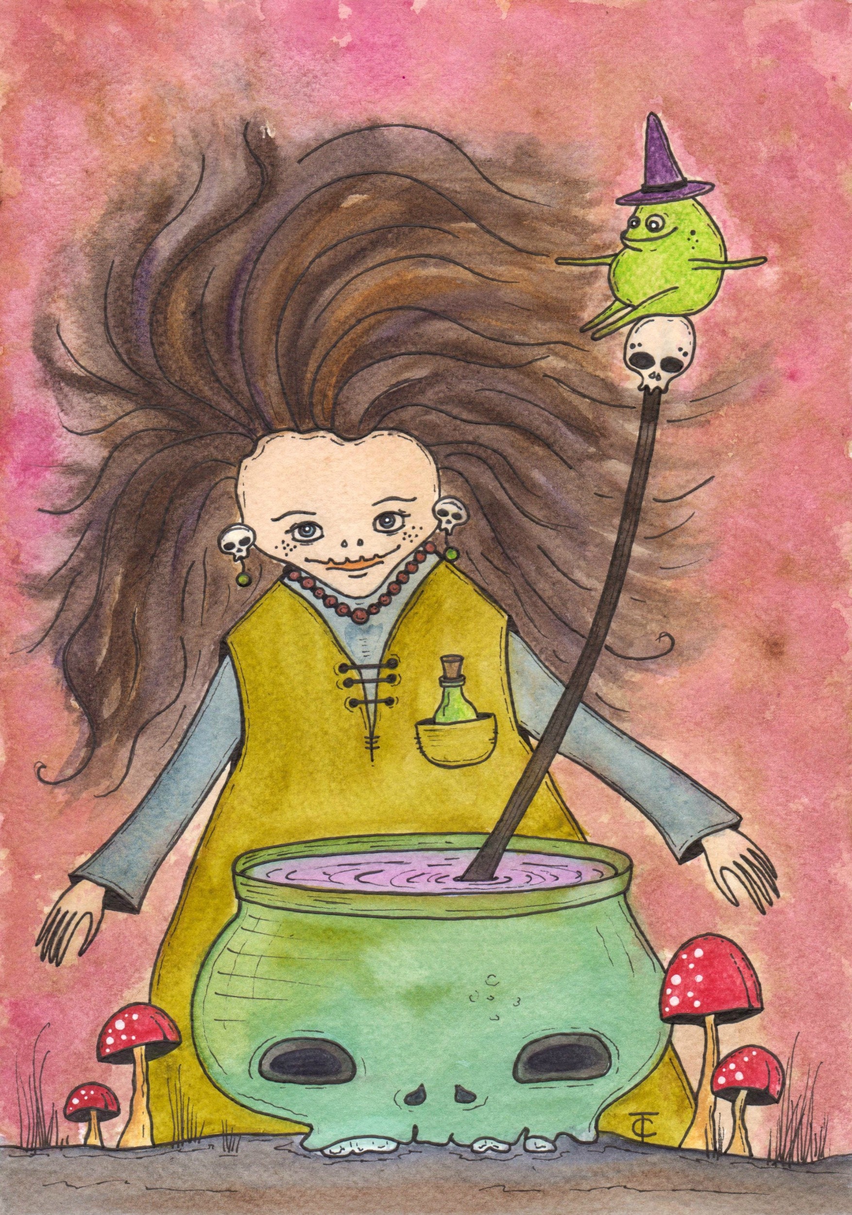 Original Watercolor Painting: Halloween Witch Cauldron Art