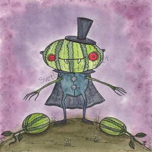 Vampire drawing, original watermelon illustration, spooky vampire painting, vampire vegetable, monster drawing, creepy cute Dracula art OOAK
