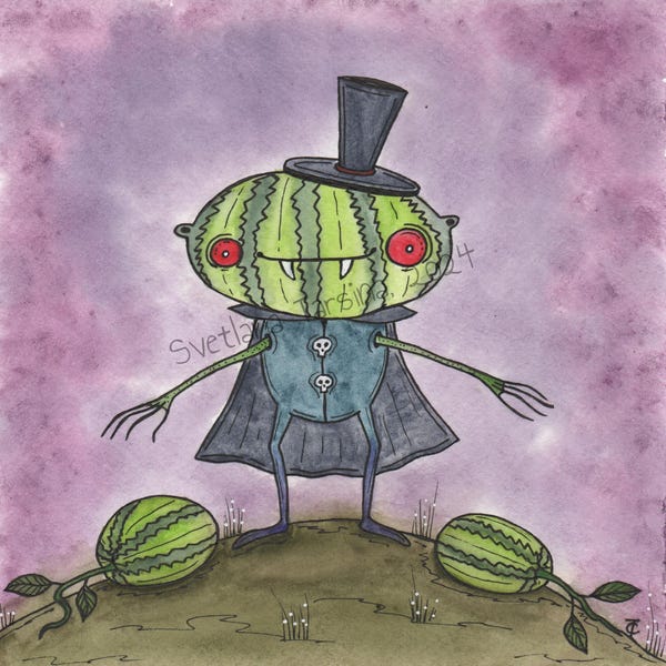Aquarel vampierwatermeloen, spookachtige draculakunst