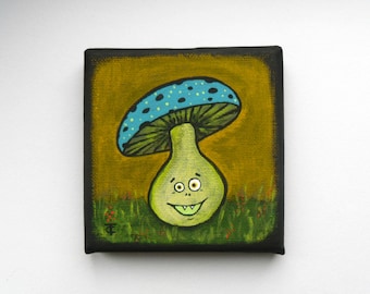 Original Mushroom Painting -  Tiny Acrylic Painting On Canvas - The Wicked Mushroom - Fungus Vampirus -  Wall Art Decor - OOAK