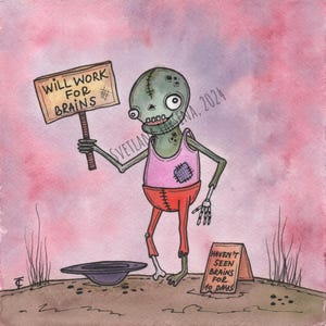 Disegno originale di zombi, illustrazione di zombi spettrale, dipinto di non morti, disegno di zombi ad acquerello, arredamento gotico per la casa, arredamento di zombi carino e inquietante