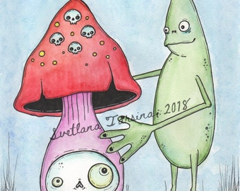 Mushroom drawing, original watercolor illustration, poisonous mushroom painting, amanita wall art, monster drawing, creepy cute art OOAK