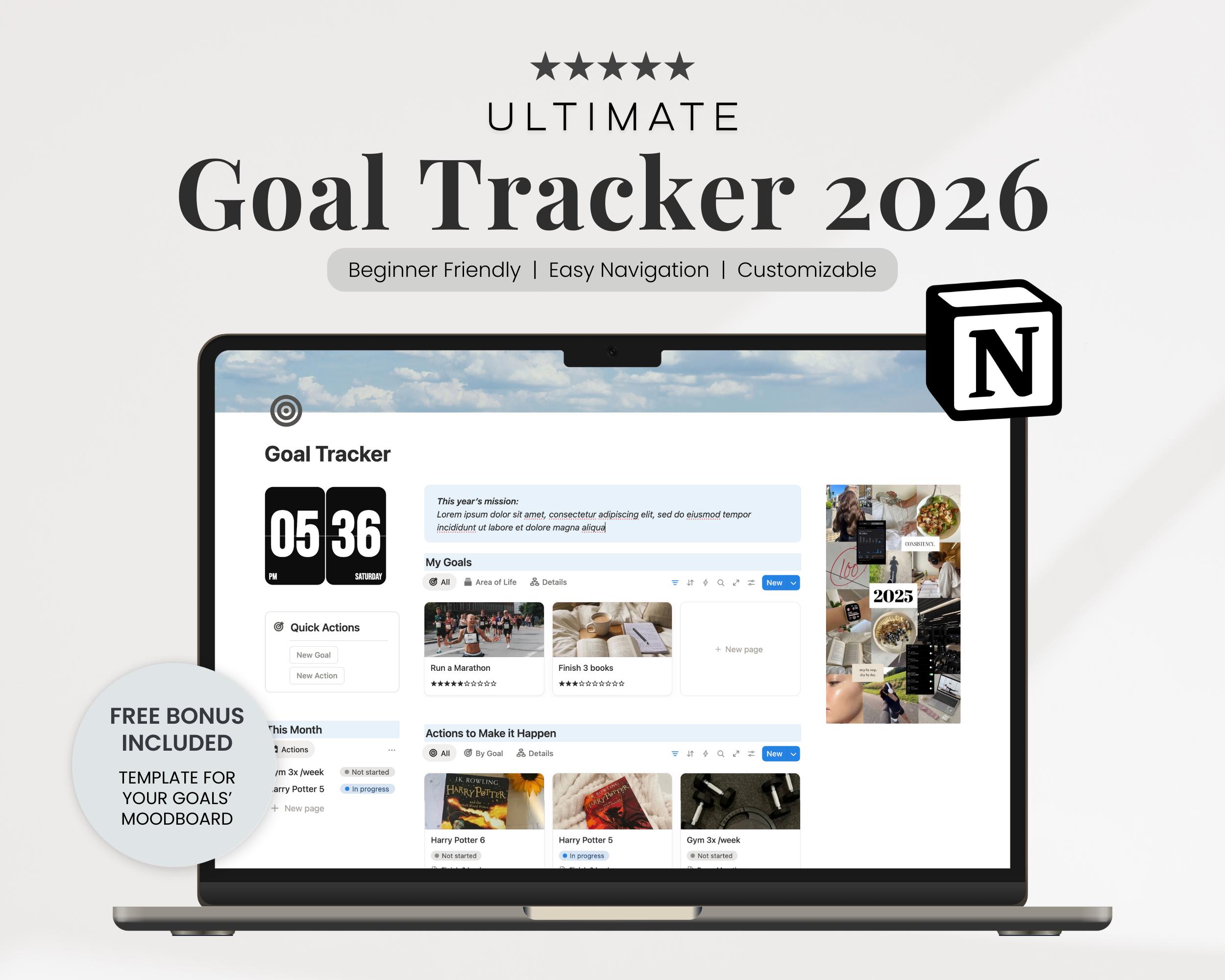 2026 Goal Tracker Notion Template Vision Board & Daily Organizer (Digital)