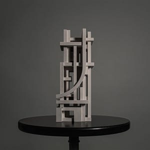 Pode incluir: Uma escultura cinza-clara com textura fosca composta por barras retangulares verticais e horizontais que se cruzam, apresentando um único elemento curvo que atravessa a frente da estrutura, criando um design geométrico complexo e aberto.