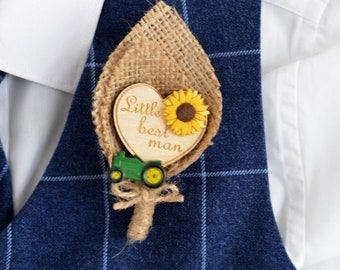 Best Little Man Wedding Buttonhole - Rustic Sunflower and Tractor Boutonniere Handmade Button hole