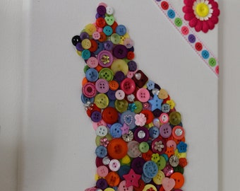 DIY Kids Children's Adult Craft Kit Cat Button Art Canvas decorate with Buttons & Embellishments Gift