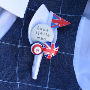 Page Boy / Best Little Man Personalised Wedding Buttonhole Rule Britannia London UK British Union Jack Flag Design image 2