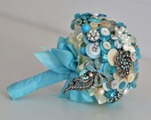 Beach Shell Wedding Button and Brooch Teardrop Bouquet with Vintage Buttons, One of a Kind Gorgeous Wedding Keepsake Bouquet