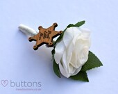 Best Little Man or Page Boy Wooden Sheriff Badge with Real Touch Rose Flower Wedding Keepsake Buttonhole Boutonniere