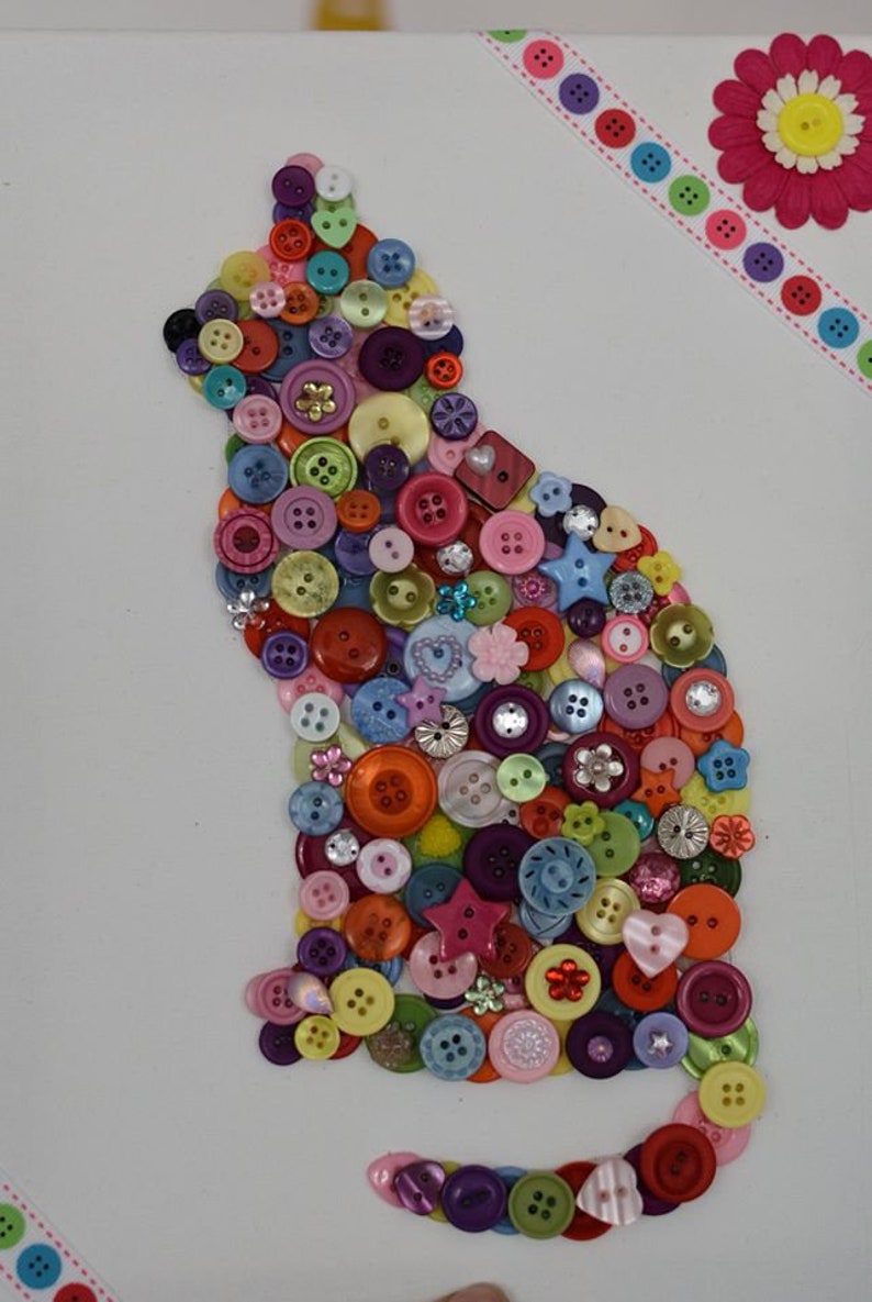 DIY Kids Children's Adult Craft Kit Cat Button Art Canvas decorate with Buttons & Embellishments Gift image 5