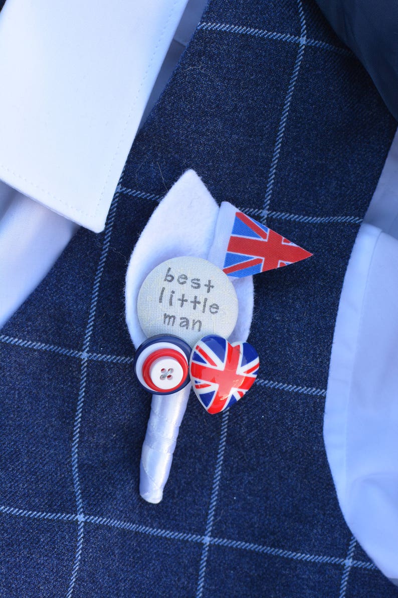 Page Boy / Best Little Man Personalised Wedding Buttonhole Rule Britannia London UK British Union Jack Flag Design image 2