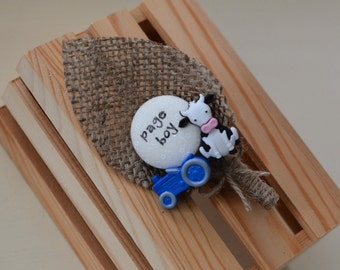 Page Boy /  Best Little Man Buttonhole Boutonniere Wedding Keepsake Cow and Tractor